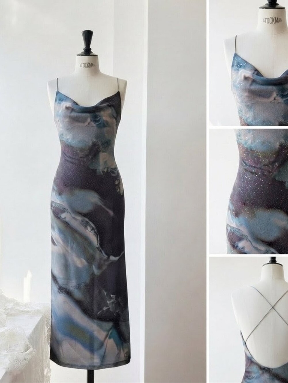 Elegant Navy Marble Slip Dress with Cowl Neck